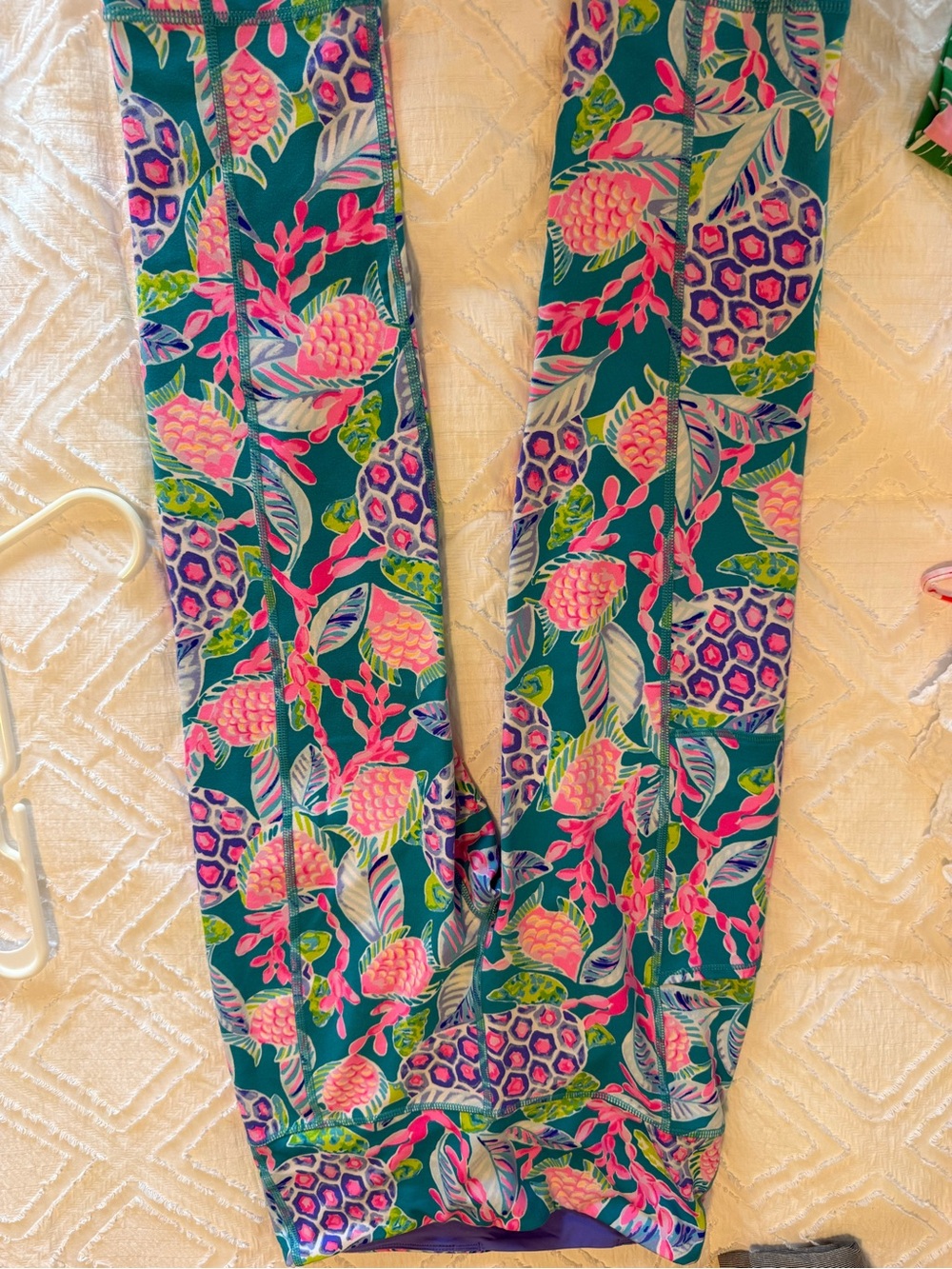 Lilly Pulitzer Cropped Teal Leggings with Pink & Purple Tropical Print